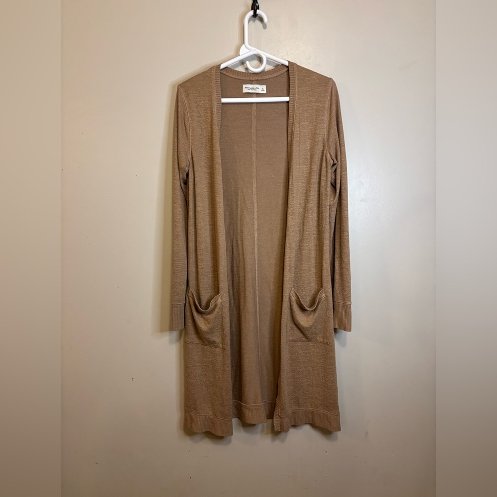 Abercrombie & Fitch Open Front Long Cardigan in Camel